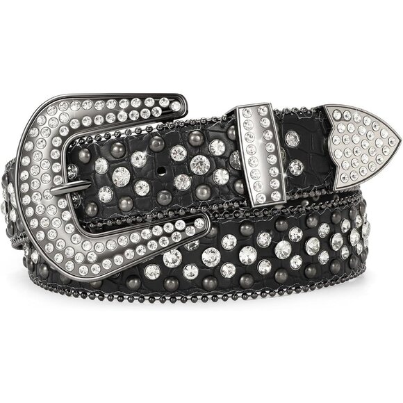 ⚡Women Rhinestone Belt Jeans Western Cowgirl Bling Studded Belt Grain Leather - Picture 1 of 7